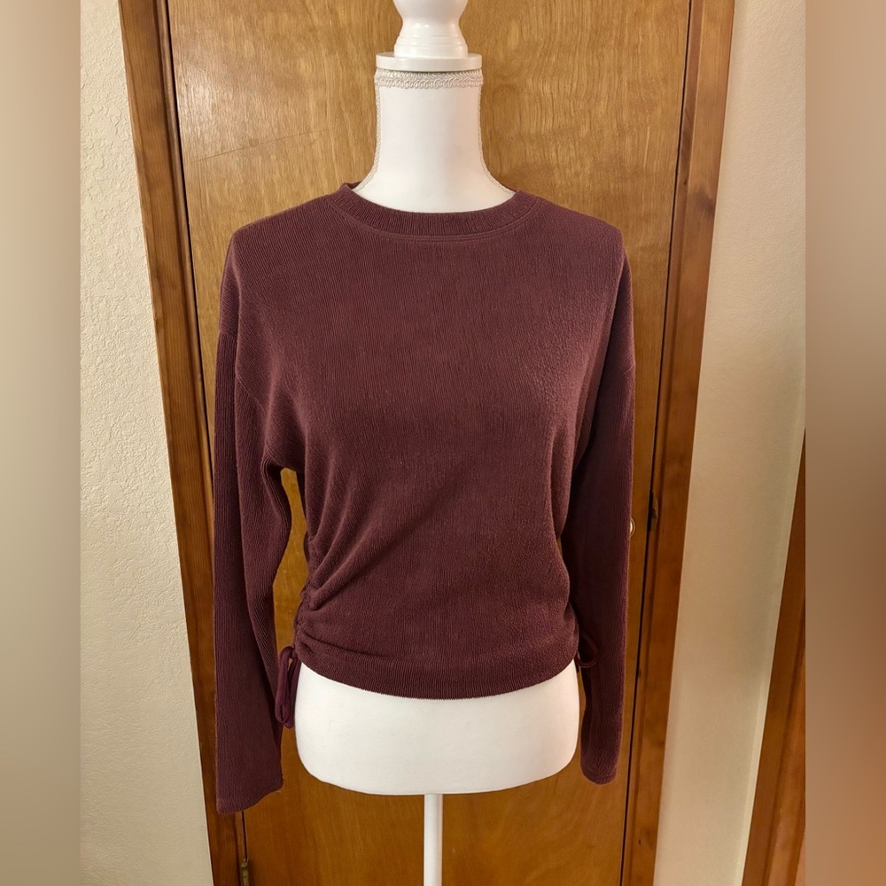 Zara Burgundy Long Sleeve Top With Side Tie Ruching